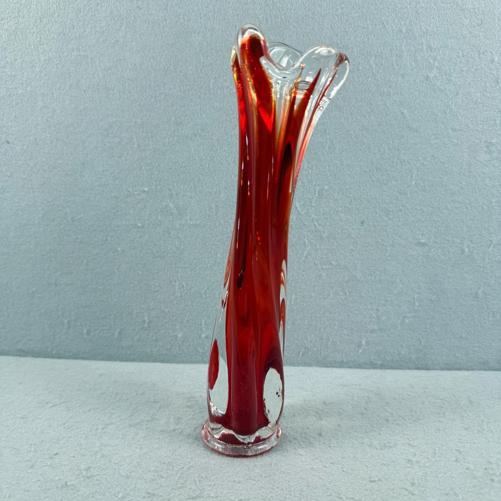 Murano Amberina Swung Vase 9" Red Orange Art Glass MCM Italian Flame Bud